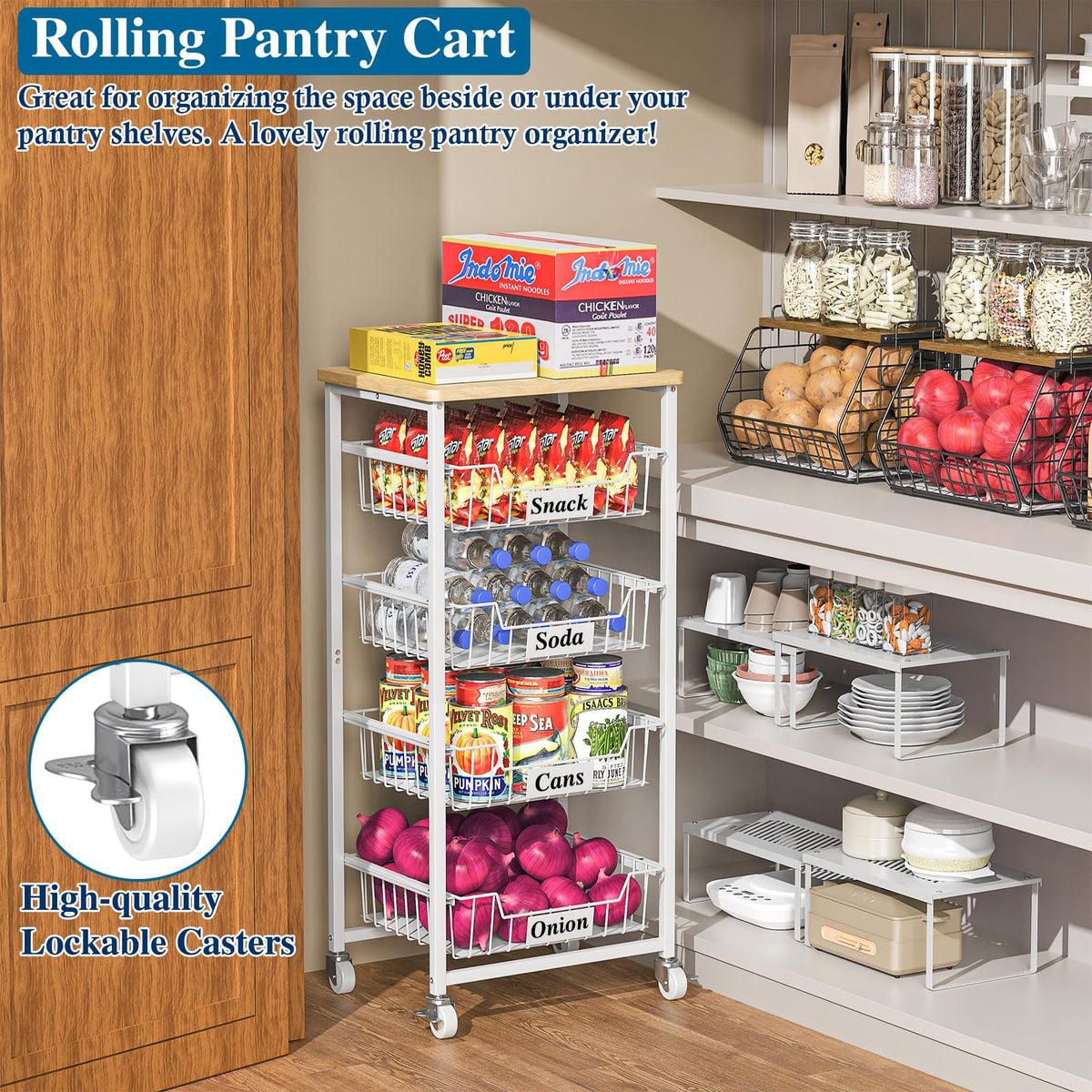 OKZEST 5-Tier Kitchen Storage Cart with 4 Upgraded Drawer Basket & Wood Top