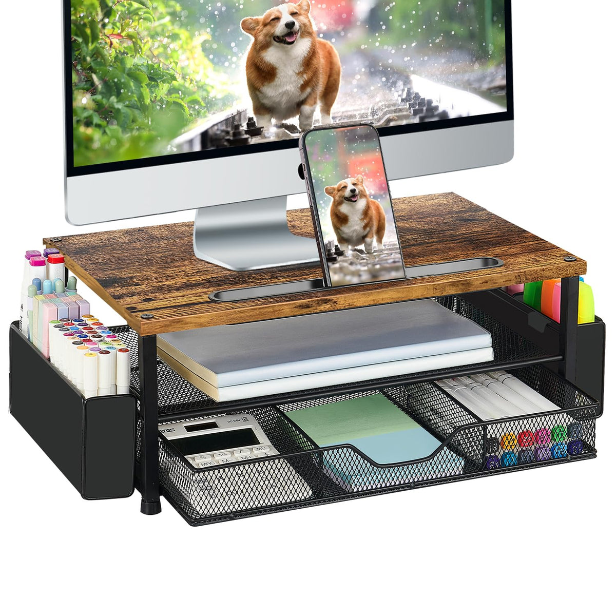 AUPSEN Wood Desk Organizers and Accessories, 2-Tier Computer Monitor Stand Riser with Drawer, Pen