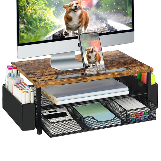 AUPSEN Wood Desk Organizers and Accessories, 2-Tier Computer Monitor Stand Riser with Drawer, Pen