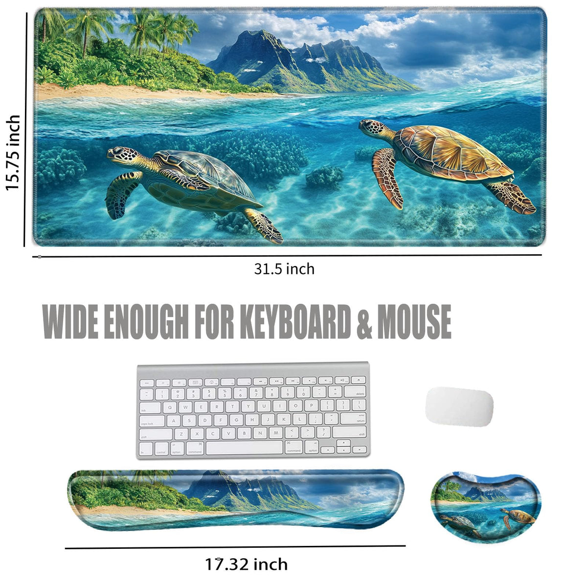 Sea Turtle Mouse Pad and Keyboard Wrist Rest Large Desk Mat Set Gaming Mousepad with Wrist Support