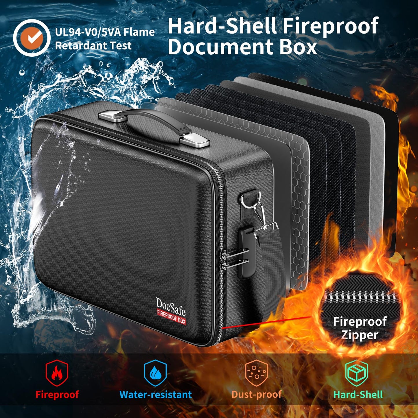 DocSafe Fireproof Document Box Hard Case with Lock＆Accordion File Folder