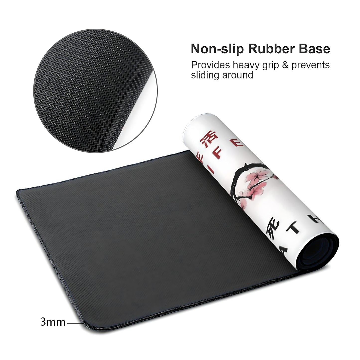 Floral Aesthetic Cherry Blossom Gaming Mouse Pad, Black White Japanese Desk Mat with Anti-Slip Base