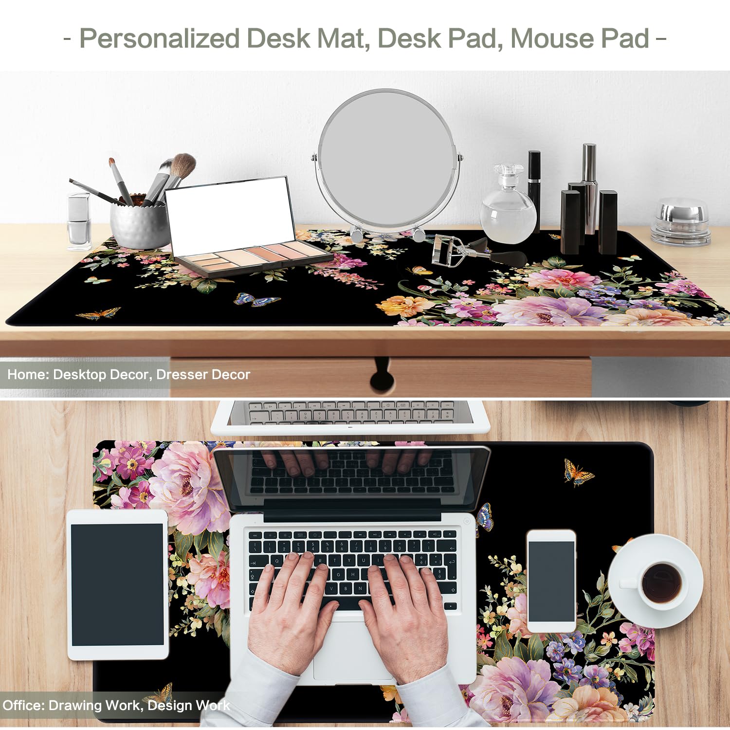 Pink Flower Desk Mat Mouse Pad Waterproof, Butterfly Floral XXL Extended Large Gaming Desk Pad