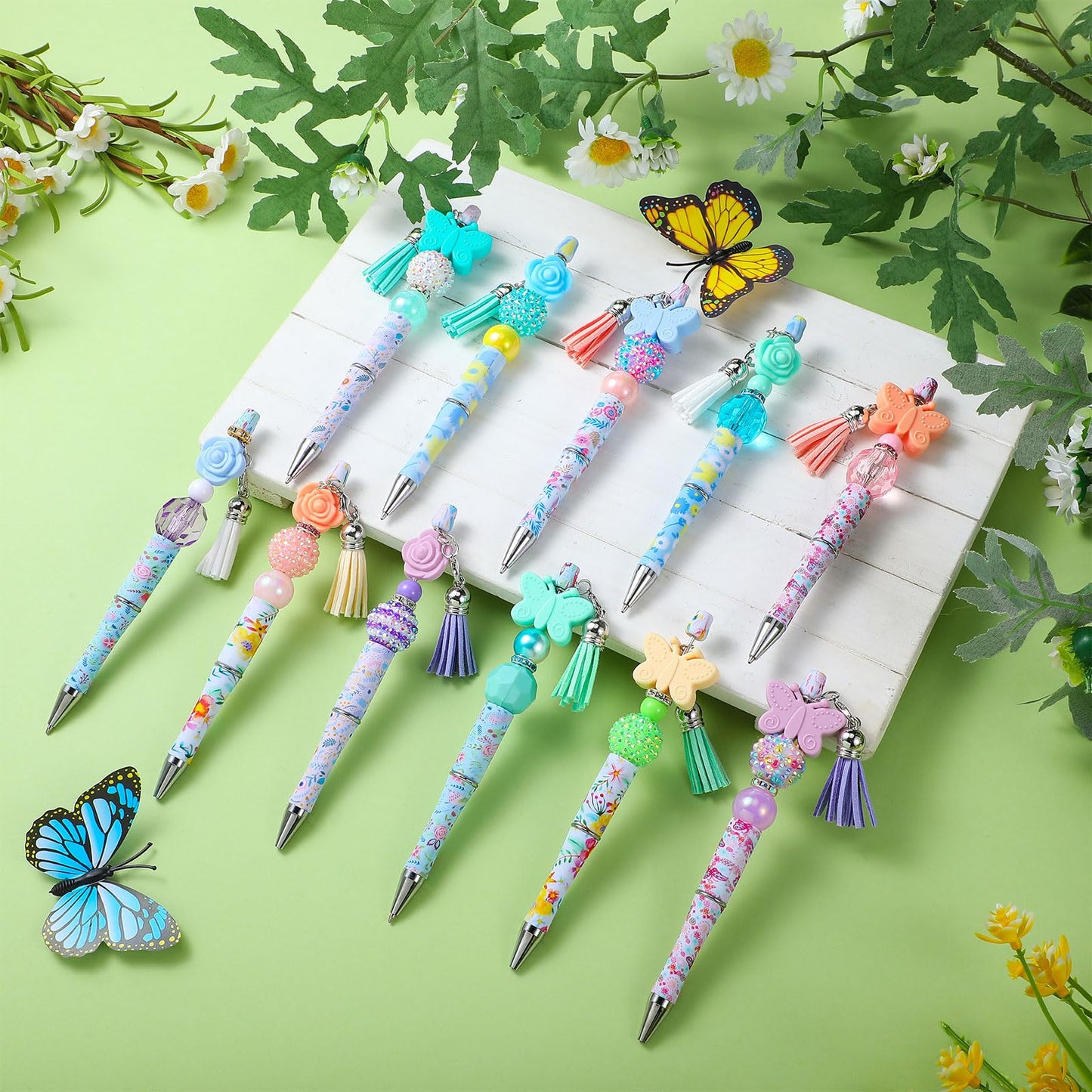 Teling 12 Sets Butterfly Flower Beadable Pens Black Ink Ballpoint Beaded