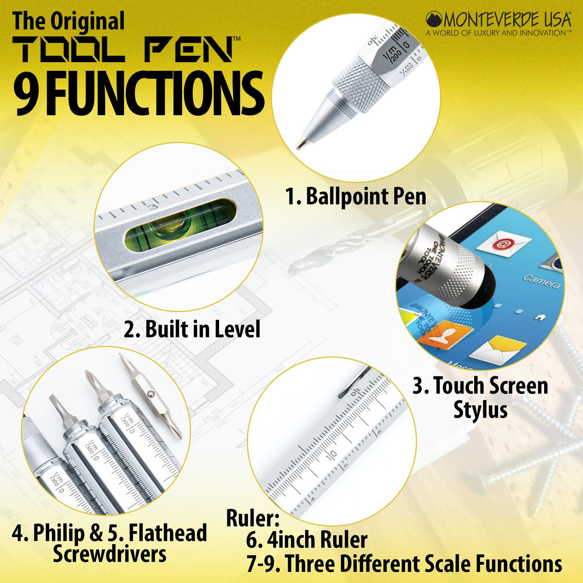 Monteverde USA 9-in-1 Tool Ballpoint Pen in Silver – Multifunctional Pen with Stylus, Screwdrivers