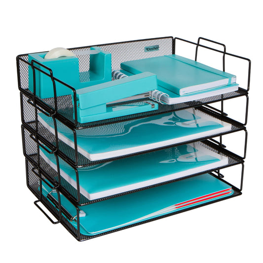 Stackable Paper Tray Desk Organizer, 4-Tier Metal Mesh Letter Organizers for Business, Home