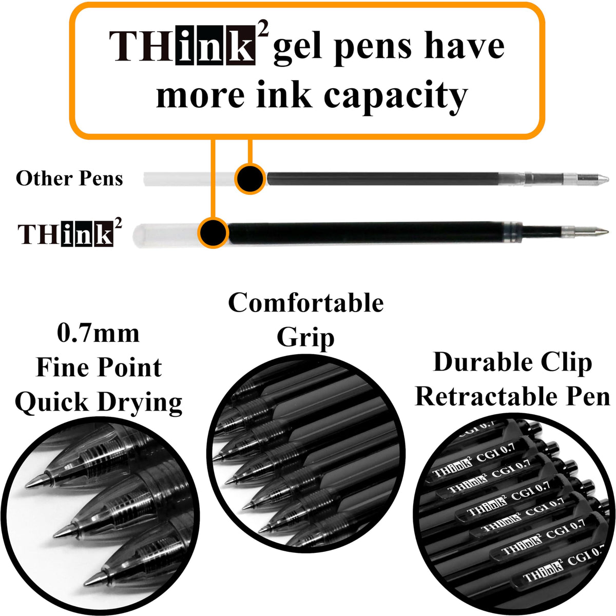 [24 Pens - Black Ink] Think2 0.7mm CGI Retractable Gel Pens. (24 Black) Medium Point Rollerball