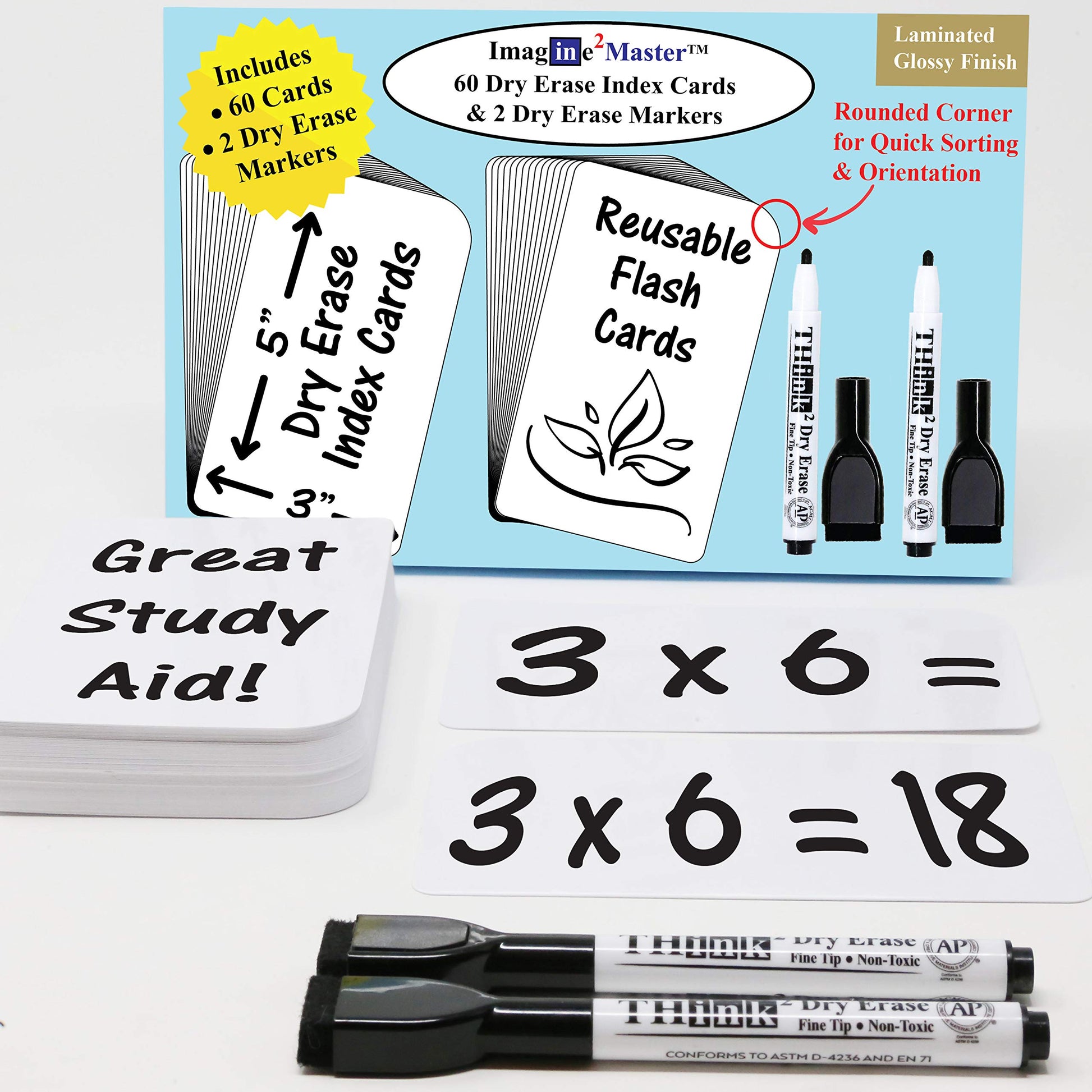 Imagine2Master 60 Blank Dry Erase Index Cards (3” X 5”). Comes with 2 Dry Erase Markers. DIY Flash