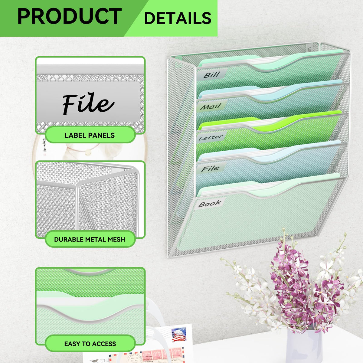 GDINDINFAN 5 Pockets Hanging Wall File Organizer Mail Holder, Wall Mounted Paper Document Folder