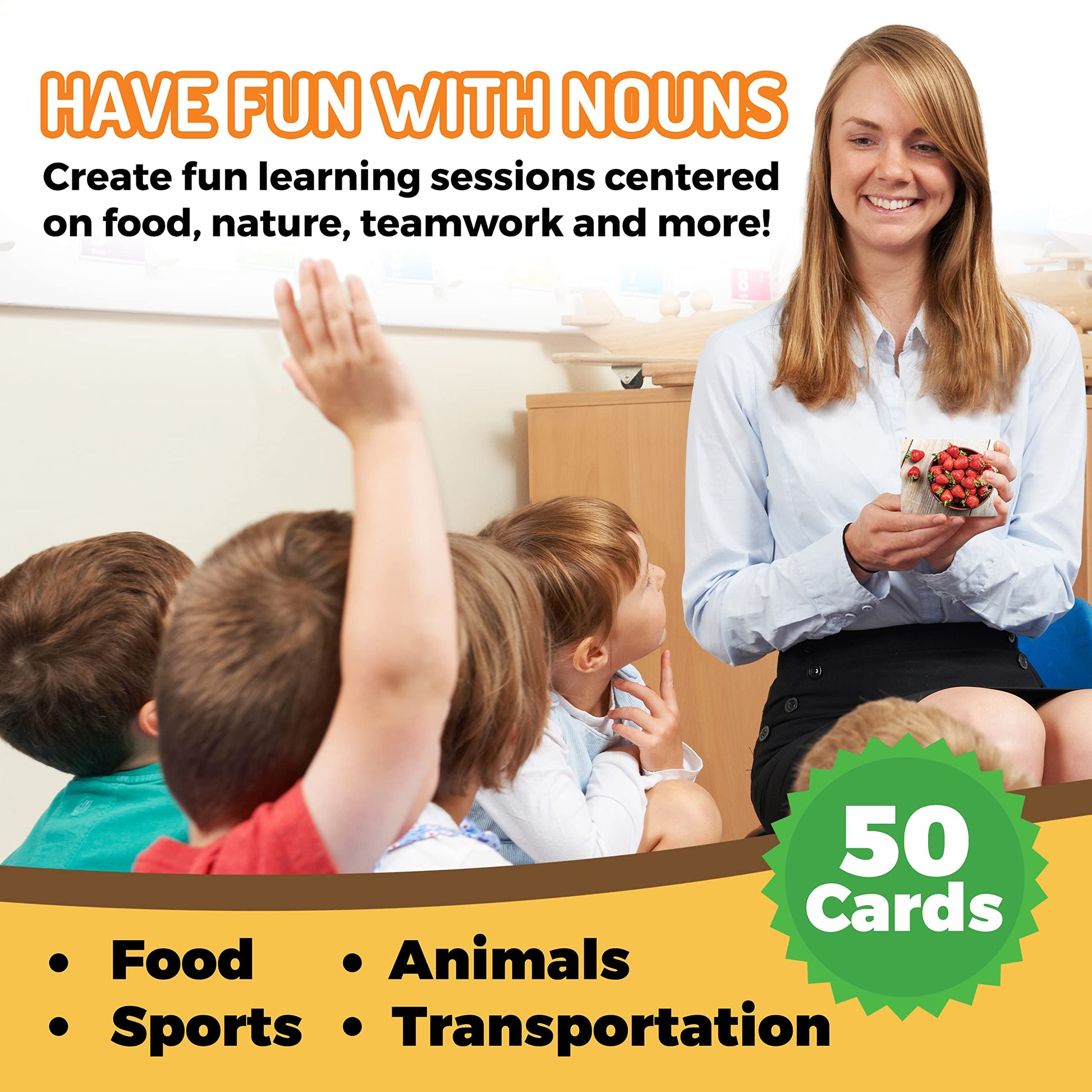 CreateFun 50 Noun Flash Cards, Fun Vocabulary Builder for Speech Therapy