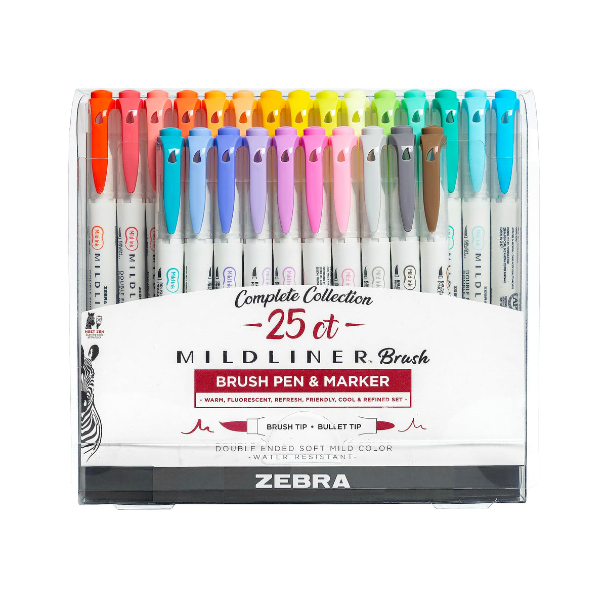 Zebra Pen MILDLINER No Bleed Brush Pen, Assorted Colors, Dual Tip, 25-Pack