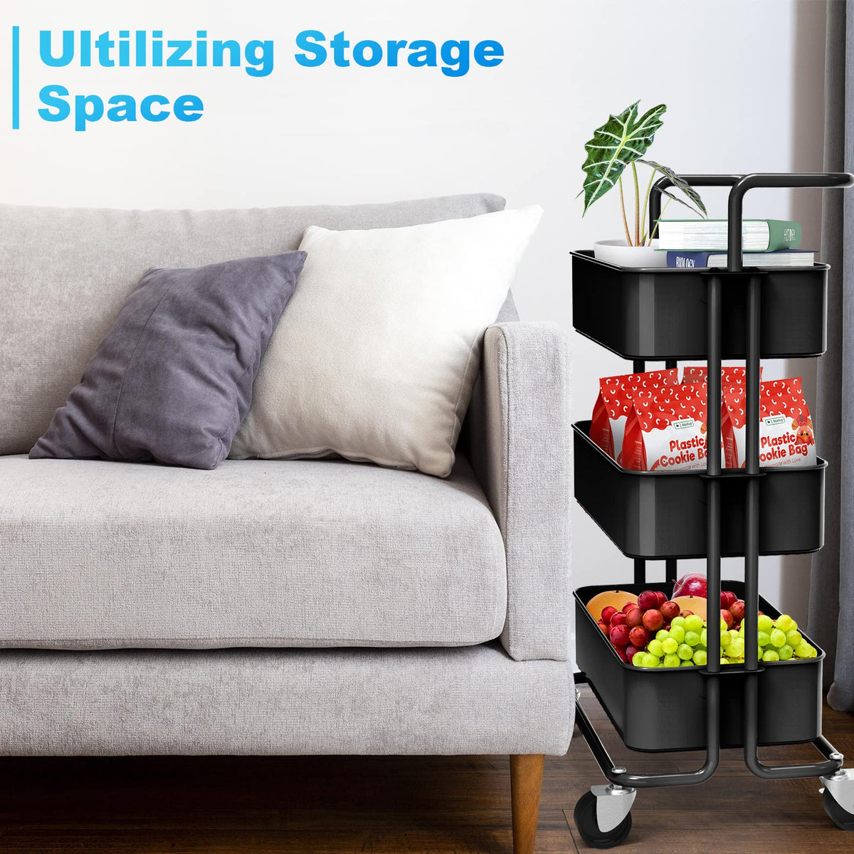 Homchwell 3 Tier Metal Utility Rolling Cart with Lockable Wheels, Multifunction Movable Storage