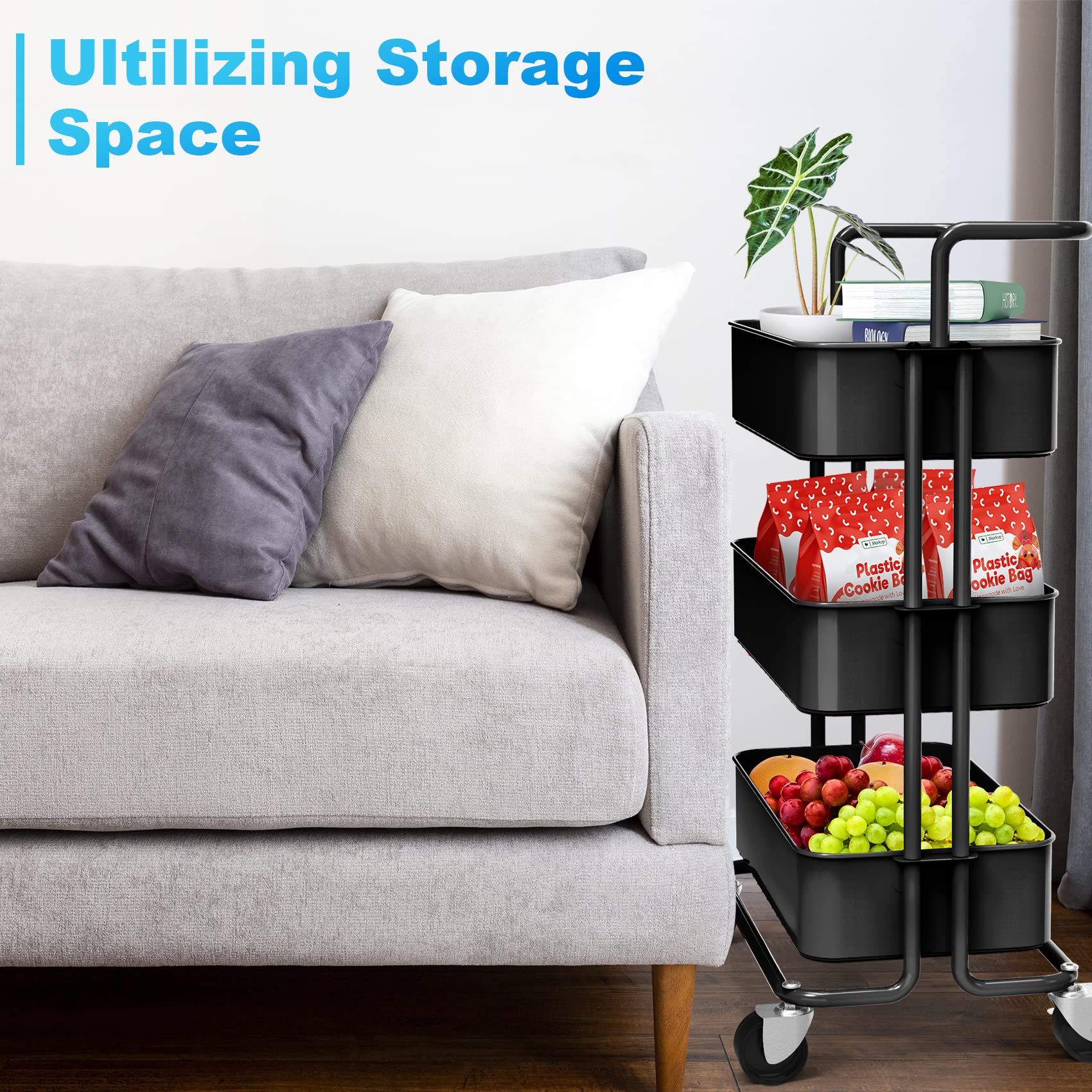Homchwell 3 Tier Metal Utility Rolling Cart with Lockable Wheels, Multifunction Movable Storage
