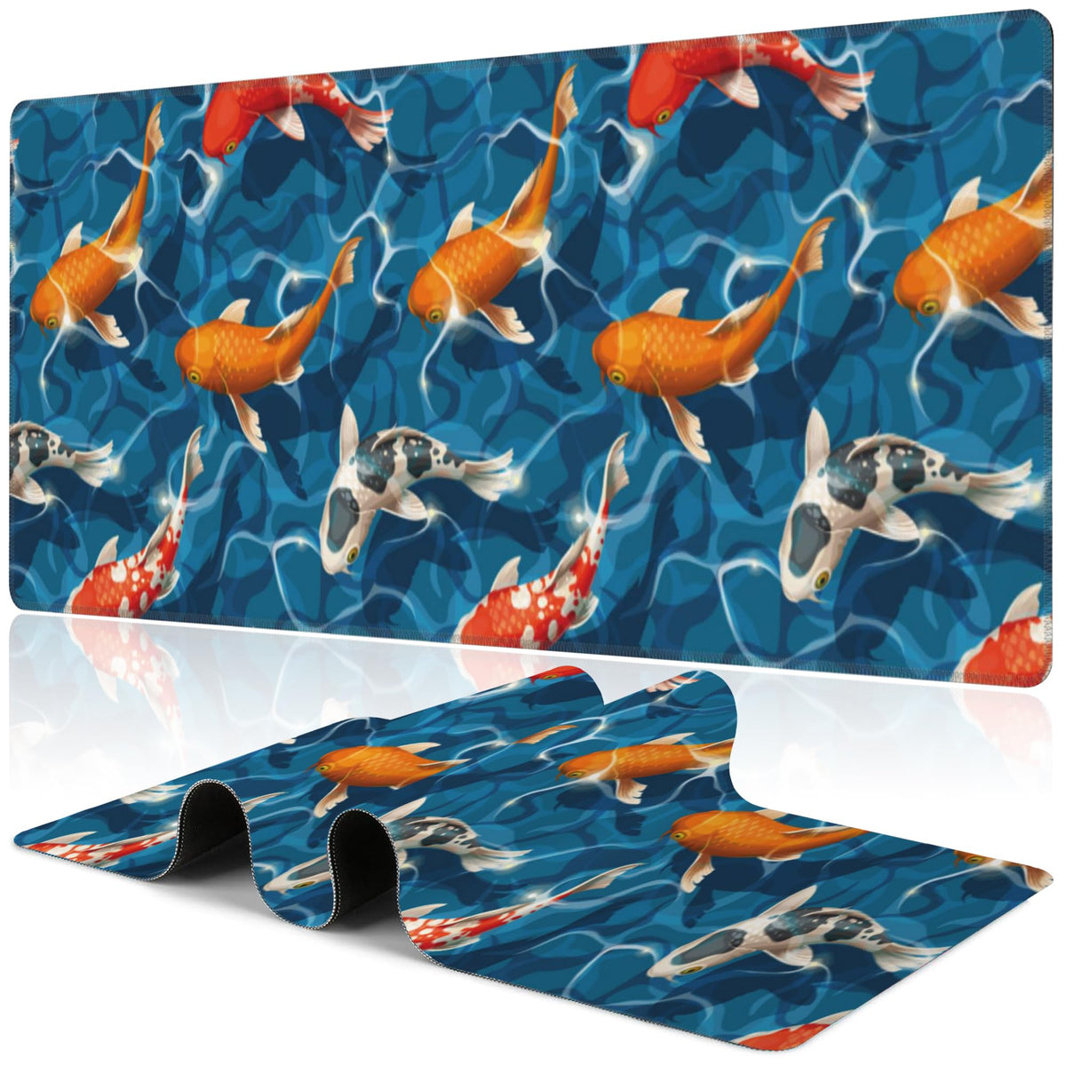 Koi Carps Desk Mat,Large Swimming Koi Fish Gaming Keyboard Mouse Pad,Non-Slip Rubber Base Desk Pad