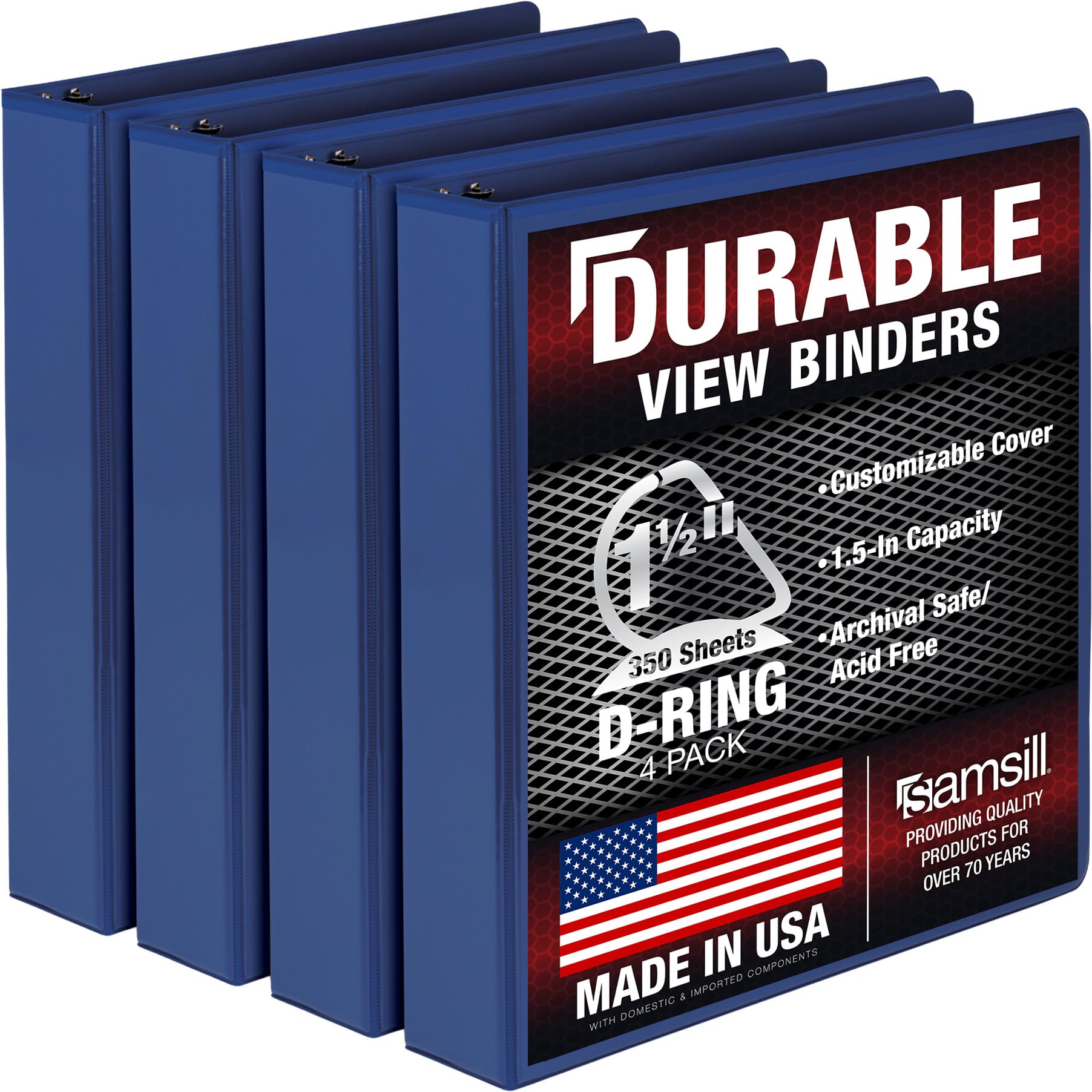 Samsill Durable 1.5 inch 3 Ring Binder, D Ring Binder, 100% Recycled Chipboard, Blue, 4 Pack
