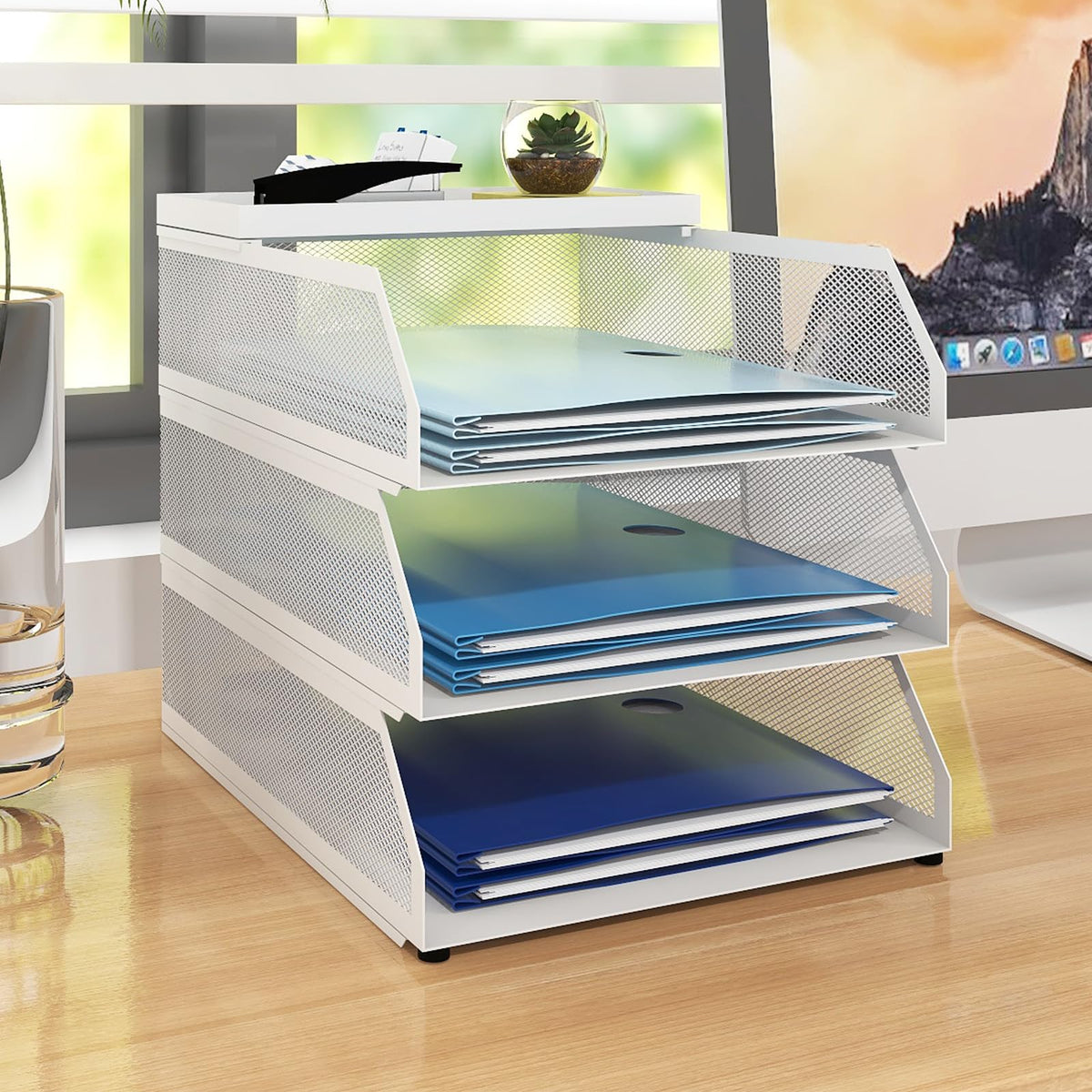 Natwind 3-Tier Stackable Metal Mesh Desk Paper Tray Organizer, White
