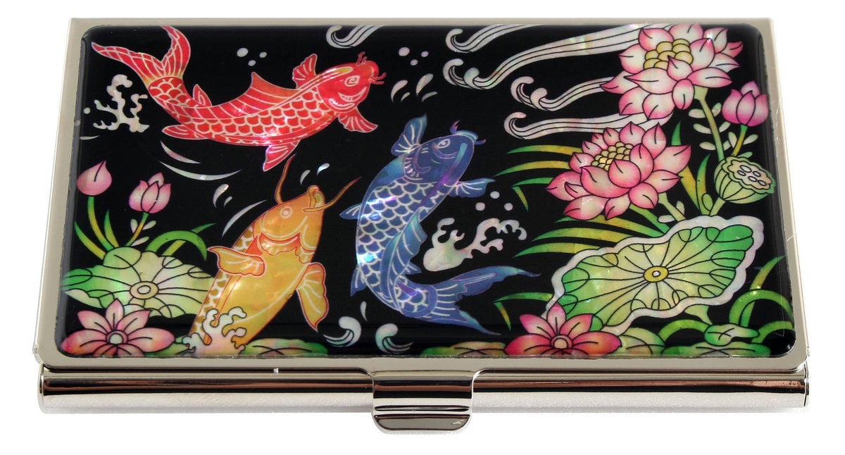 Antique Alive Mother of Pearl Metal Fish Lotus Design Business Credit Name Id Card Holder Case