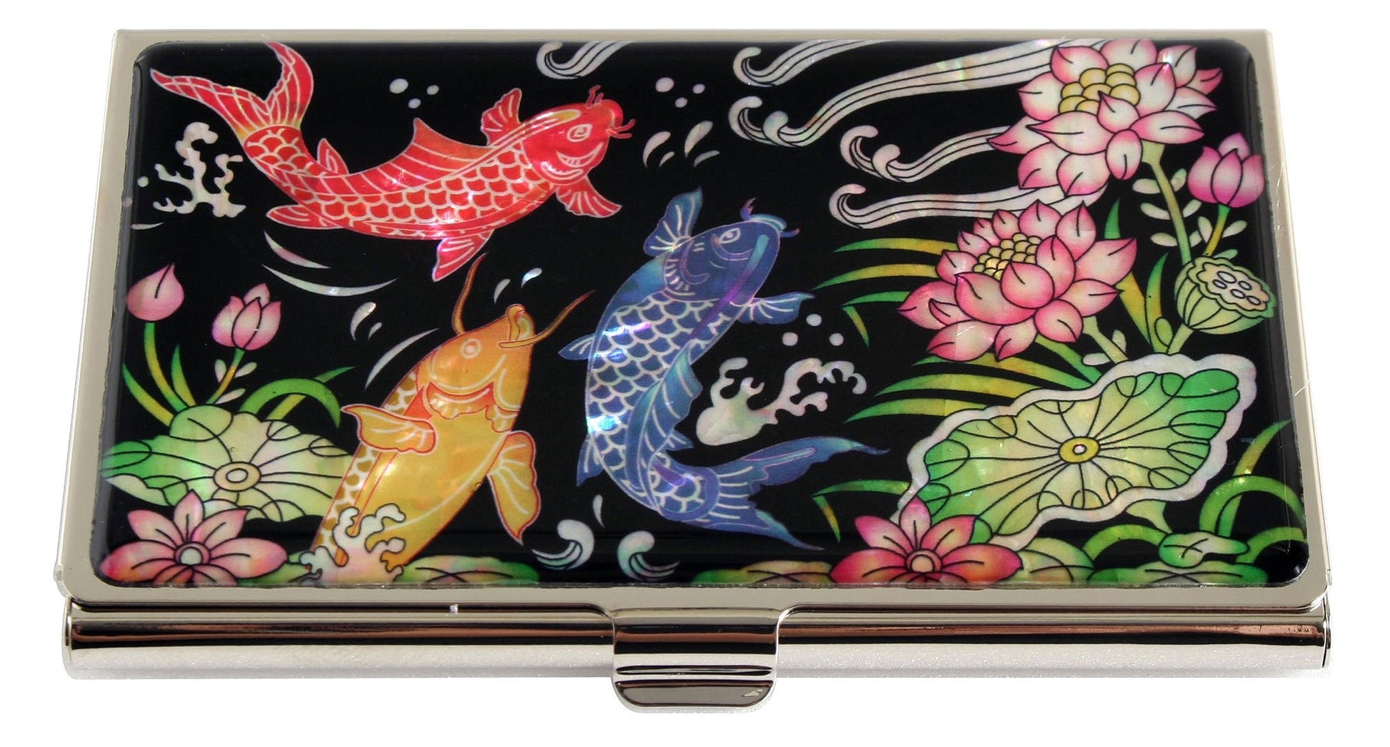 Antique Alive Mother of Pearl Metal Fish Lotus Design Business Credit Name Id Card Holder Case