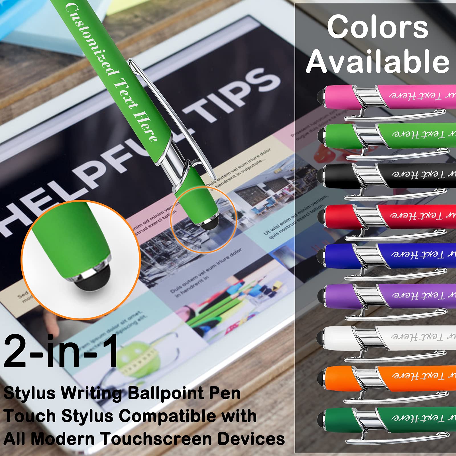 10 Pcs Personalized Pens in Bulk with Stylus Tip - Custom Print with Name 0.5 mm Soft Touch Medium