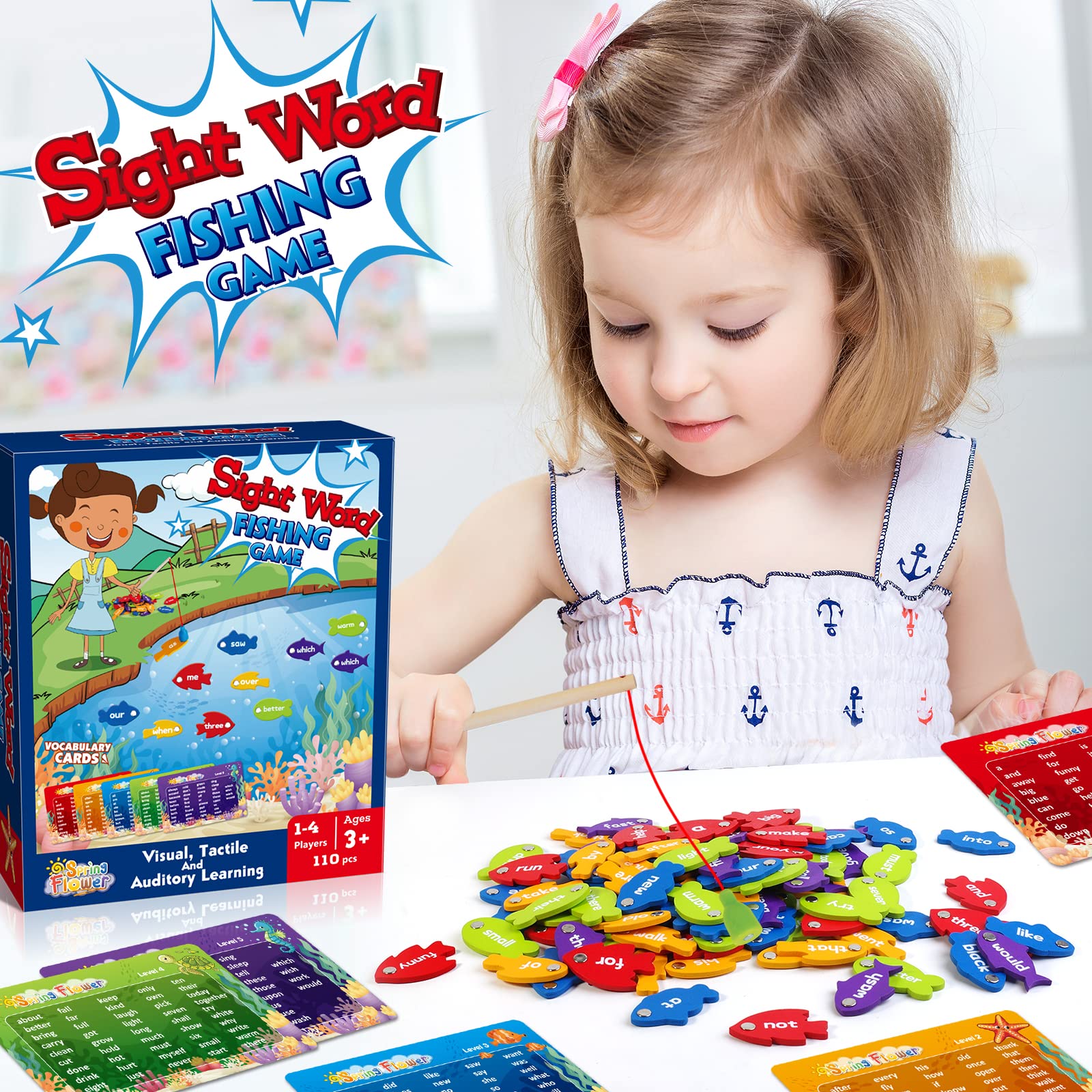 SpringFlower Wooden Magnetic Sight Word Fishing Game, Sight Word Educational Toy for Age of 3,4,5,6