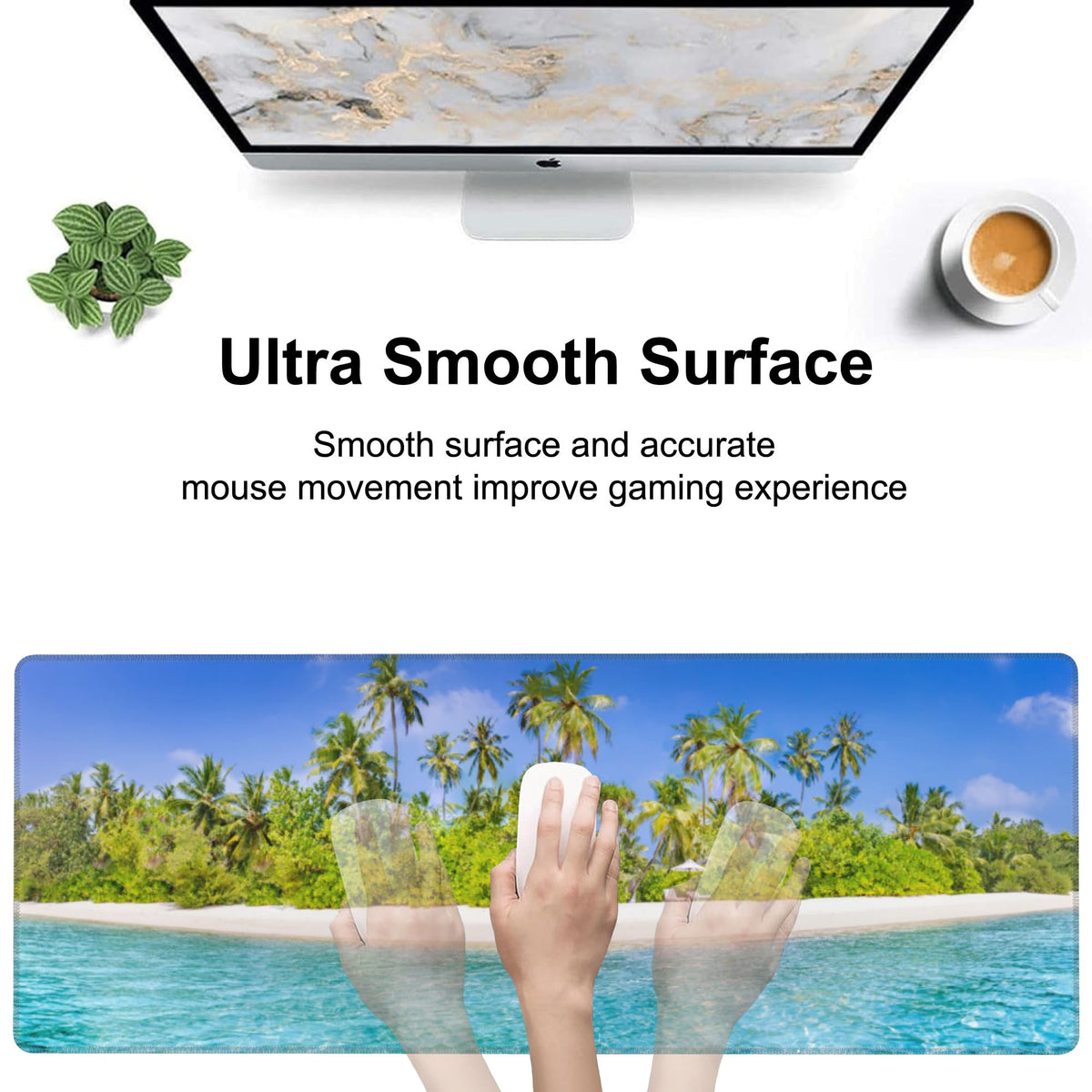 Tropical Nature Landscape Desk Mat,Large Summer Beach Seawater and Palm Trees Gaming Keyboard Mouse