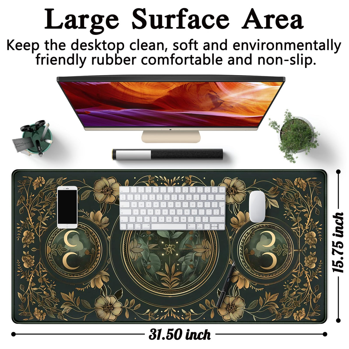 Celestial Art Nouveau Botanical Desk Mat Gold Moon Large Mouse Pad Emerald Vintage Big Gaming