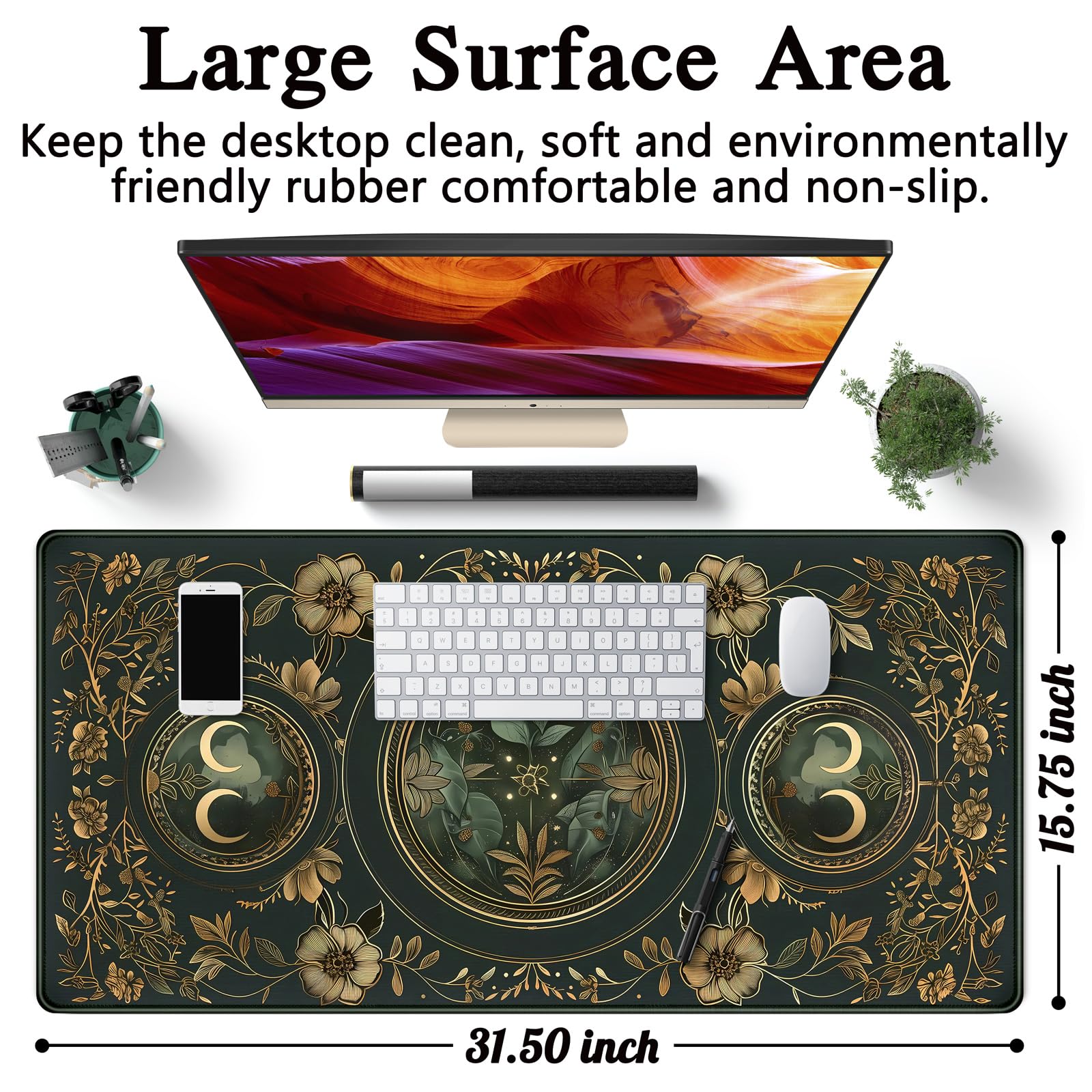 Celestial Art Nouveau Botanical Desk Mat Gold Moon Large Mouse Pad Emerald Vintage Big Gaming