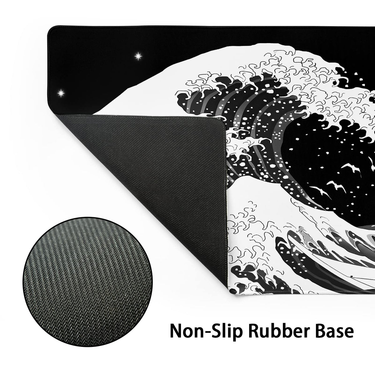 Japanese Wave Mouse Pad XXL Black White Sea Aesthetic Moon Extended Desk Mat 90X40 CM Non-Slip