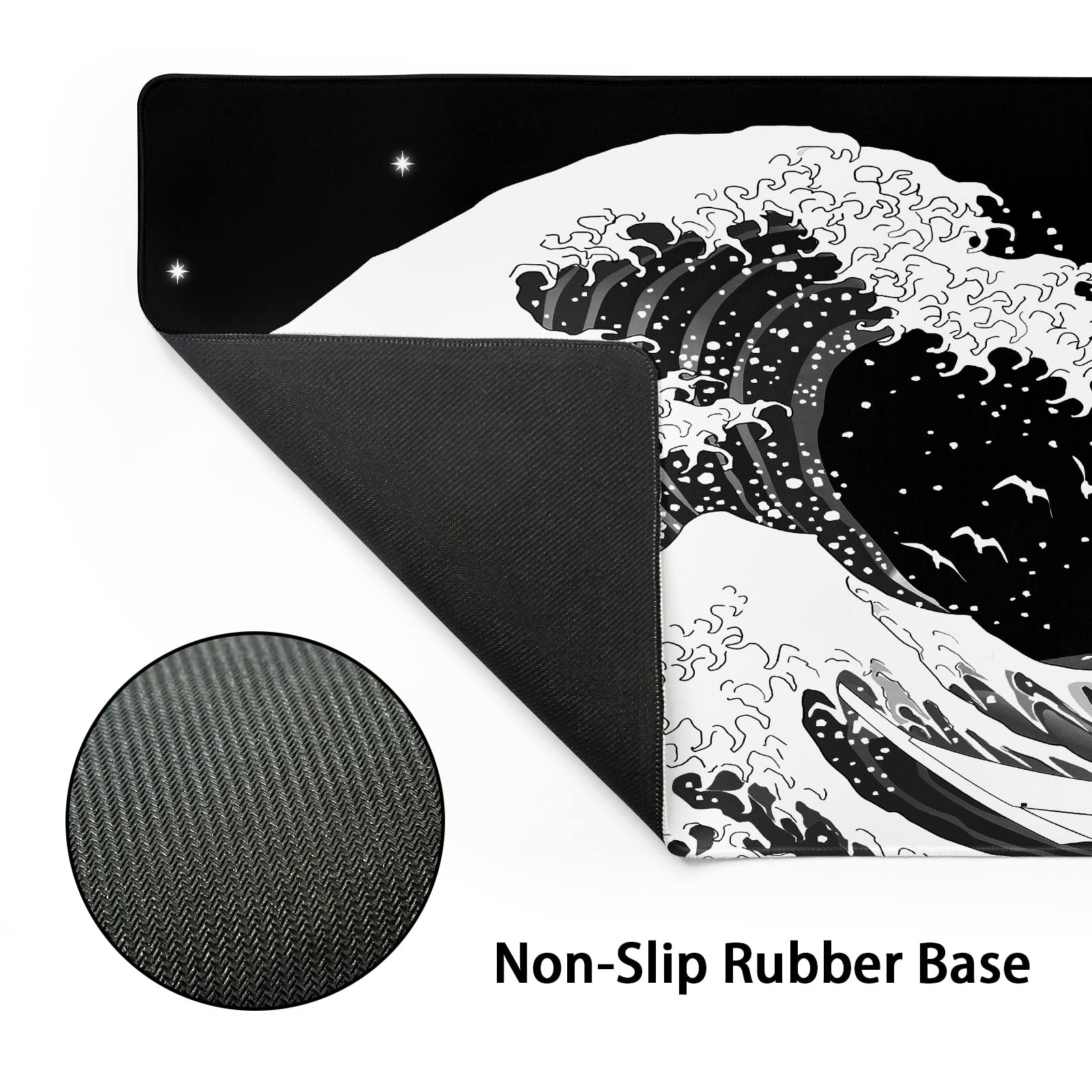 Japanese Wave Mouse Pad XXL Black White Sea Aesthetic Moon Extended Desk Mat 90X40 CM Non-Slip