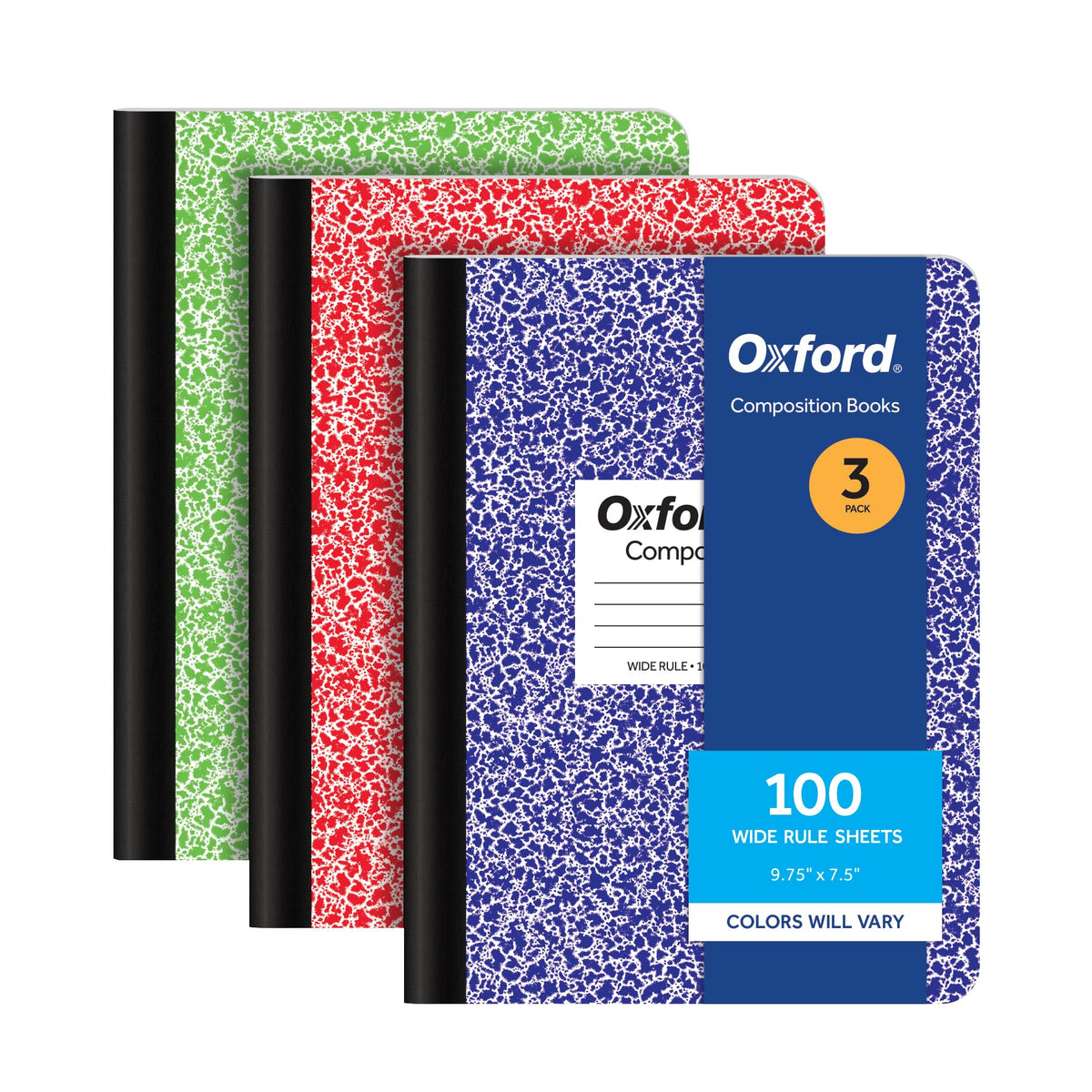 Oxford Composition Notebooks, 3 Pack, Cover Colors Vary, Wide Ruled Paper, 9-3/4 x 7-1/2 Inch