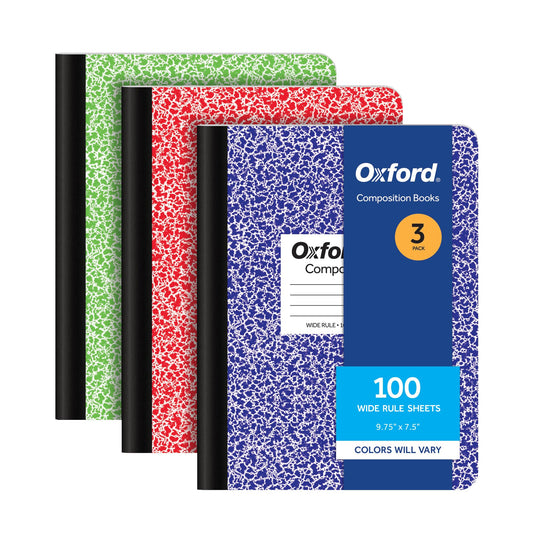 Oxford Composition Notebooks, 3 Pack, Cover Colors Vary, Wide Ruled Paper, 9-3/4 x 7-1/2 Inch
