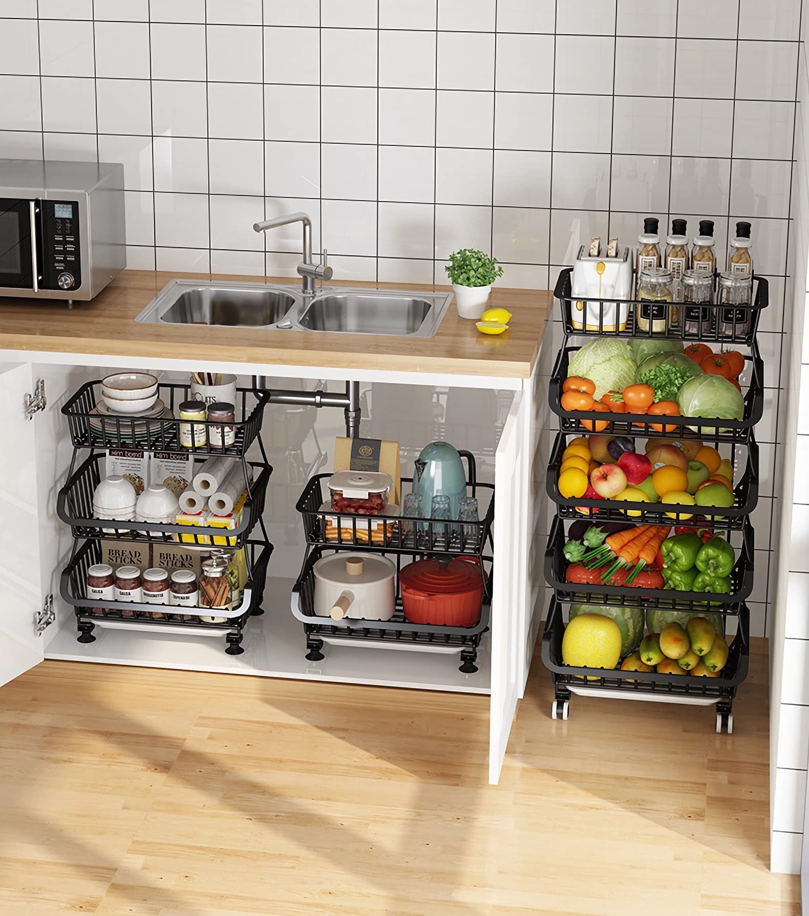 MURRI&MURRDI Fruit Vegetable Storage Baskets with Wheels, 6 Tier Stackable Wire Storage Baskets