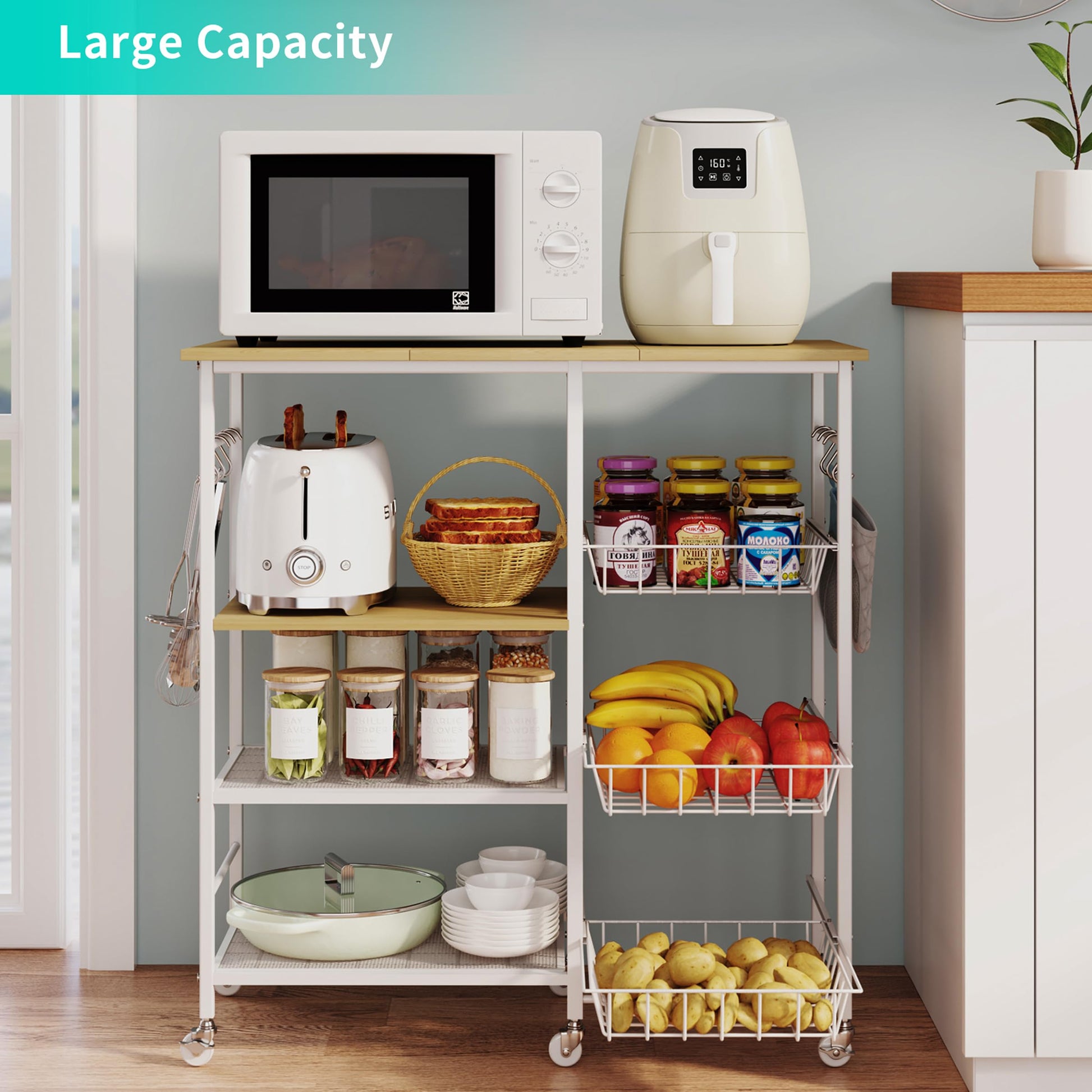 HapiRm Rolling Kitchen Microwave Cart - 4 Tier Microwave Table Stand with Pull-Out Baskets, Coffee