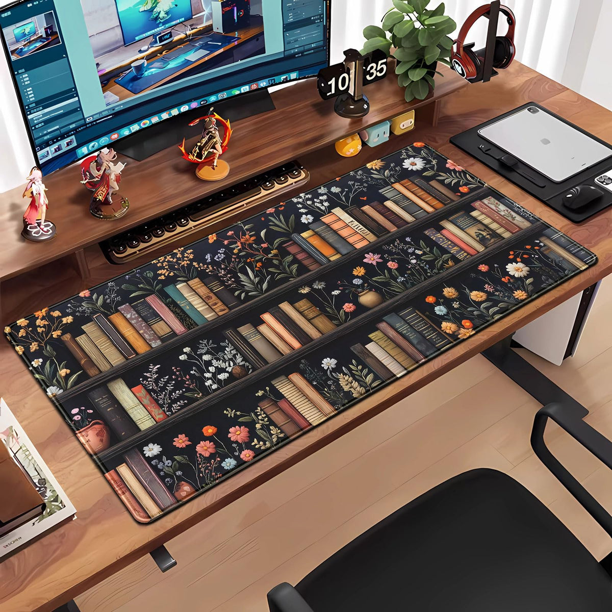 Bookish Desk Mat Floral Bookshelf Desk Pad Faux Embroidery Large Mouse Pad XXL Book Lovers Gift