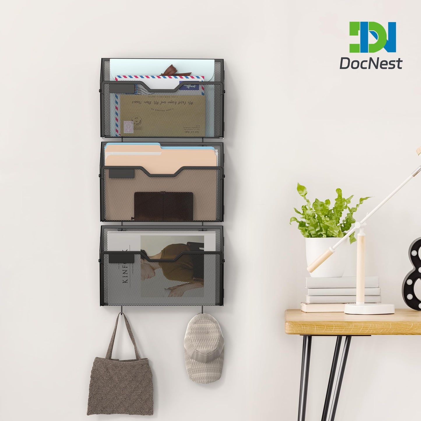 Docnest 6 Pack Mesh Wall File Holders with Hooks for Mail, Black