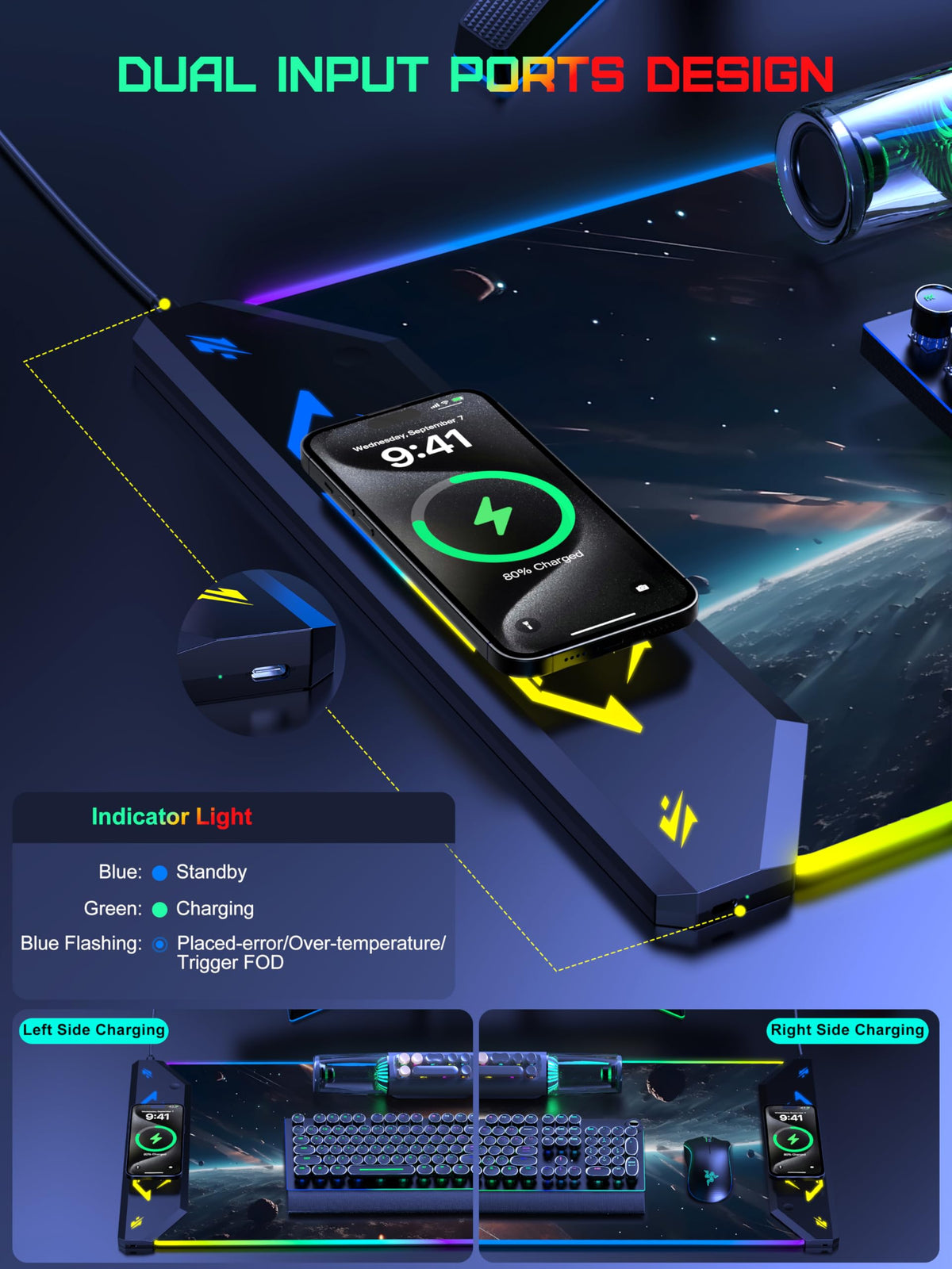 5-in-1 RGB Mouse Pad with Wireless Charging, Gaming Desk Mat, Cosmic Planet