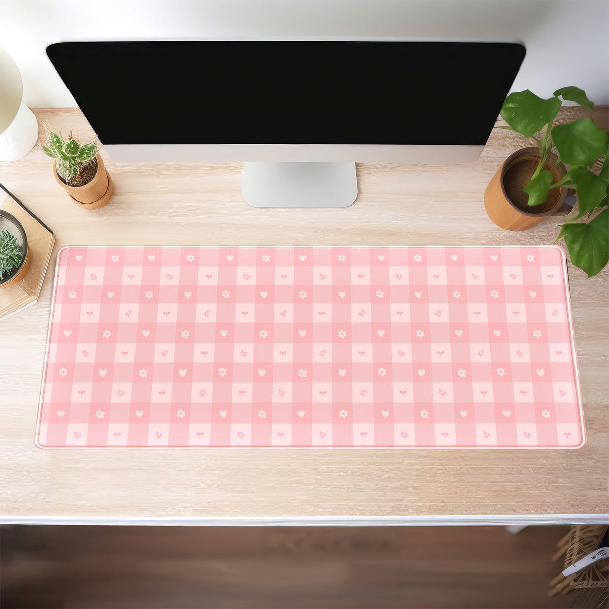 Pink Minimalist Gingham Floral Desk Mat Gaming Mouse Pad Large Cute Pastel Desk Pad Deskmat Kawaii