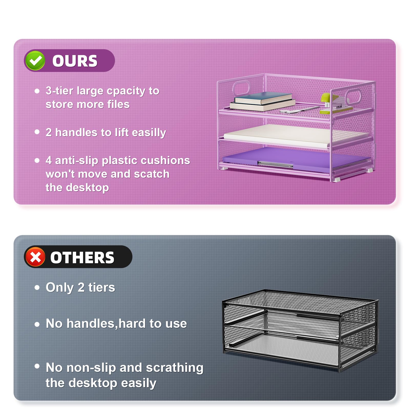 Marbrasse 3 Tier Paper Organizer Letter Tray, Mesh File Organizer with Handle, Paper Sorter Desk