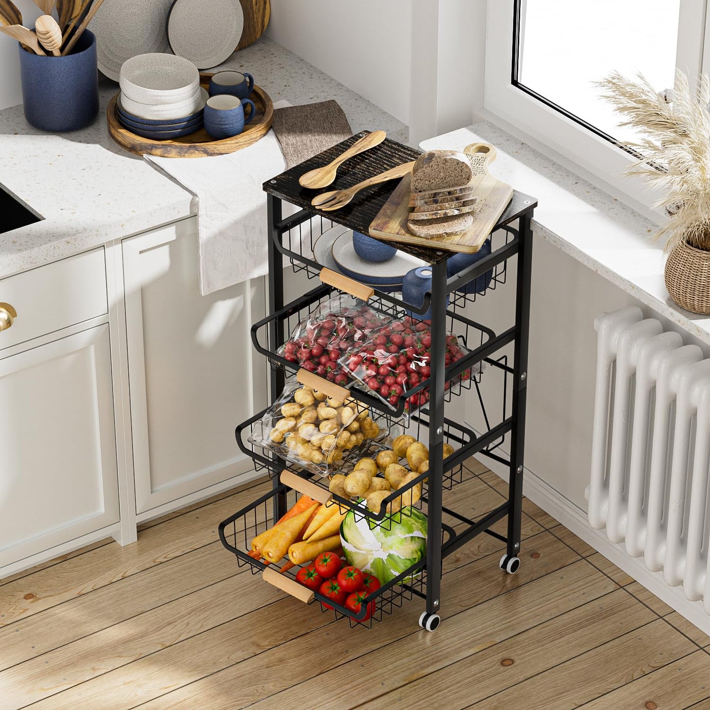 JAQ 5-Tier Fruit Vegetable Storage Cart with Wood Top, Rolling Kitchen Basket Organizer with