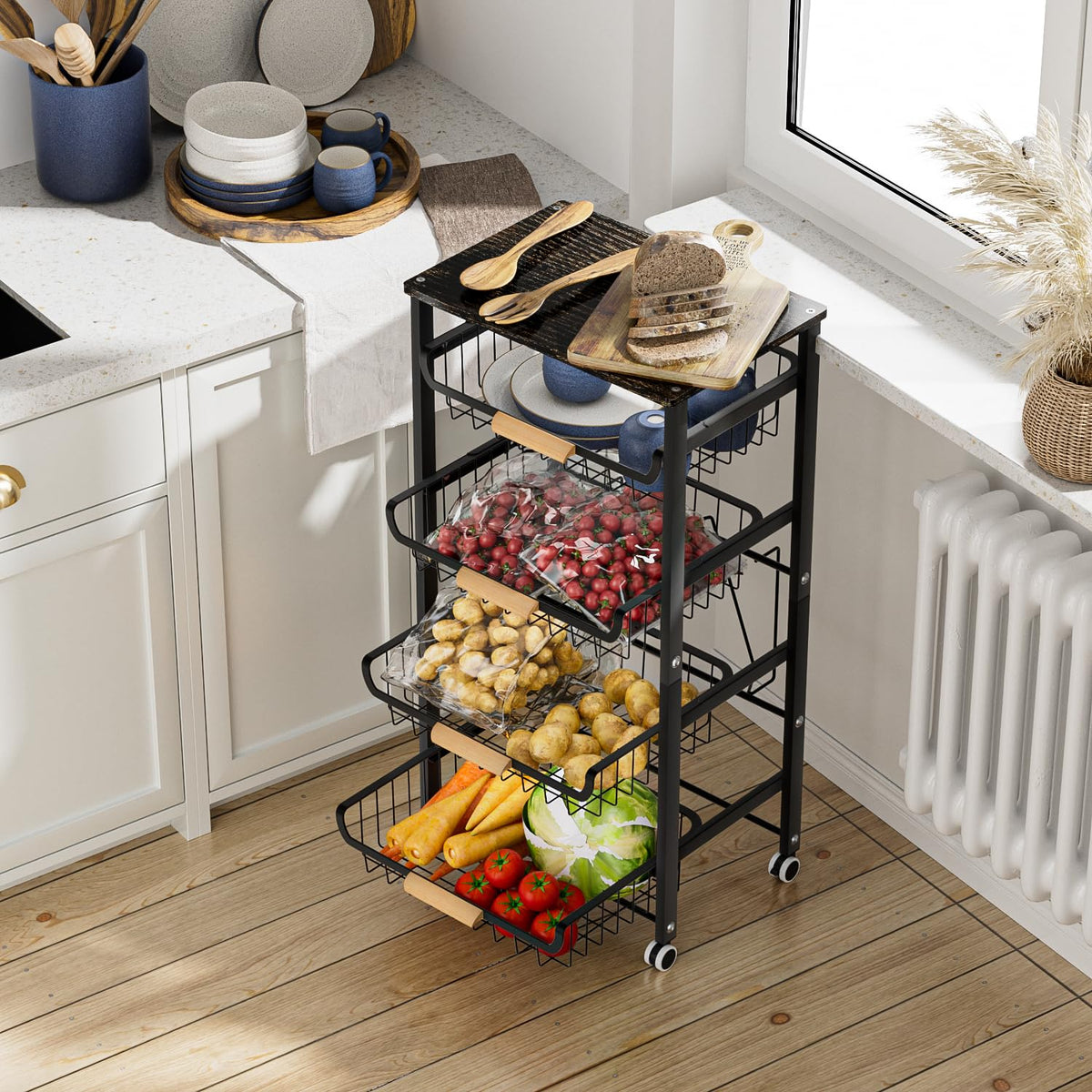 JAQ 5-Tier Fruit Vegetable Storage Cart with Wood Top, Rolling Kitchen Basket Organizer with