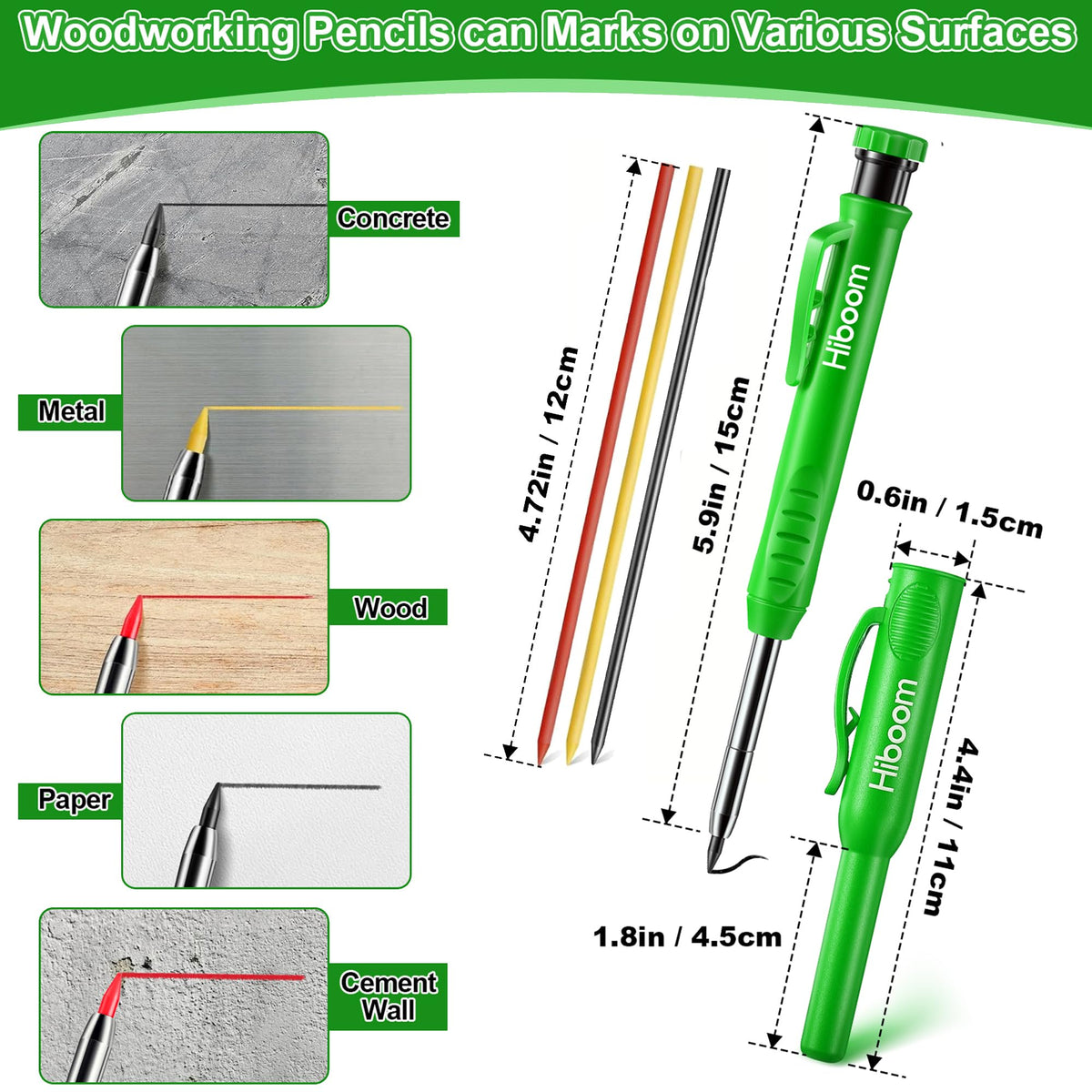 Hiboom 4 Pack Carpenter Pencil with 36 Refills Built In Sharpener (Green)