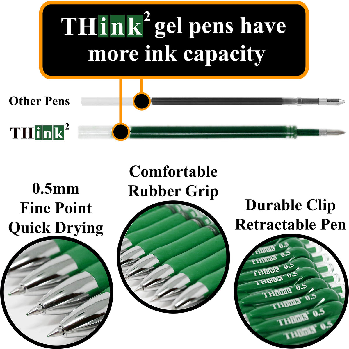 [24 Pens - Green Ink] Think2 Retractable Gel Pens. (24 Green) Fine Point (0.5mm) Rollerball Pens