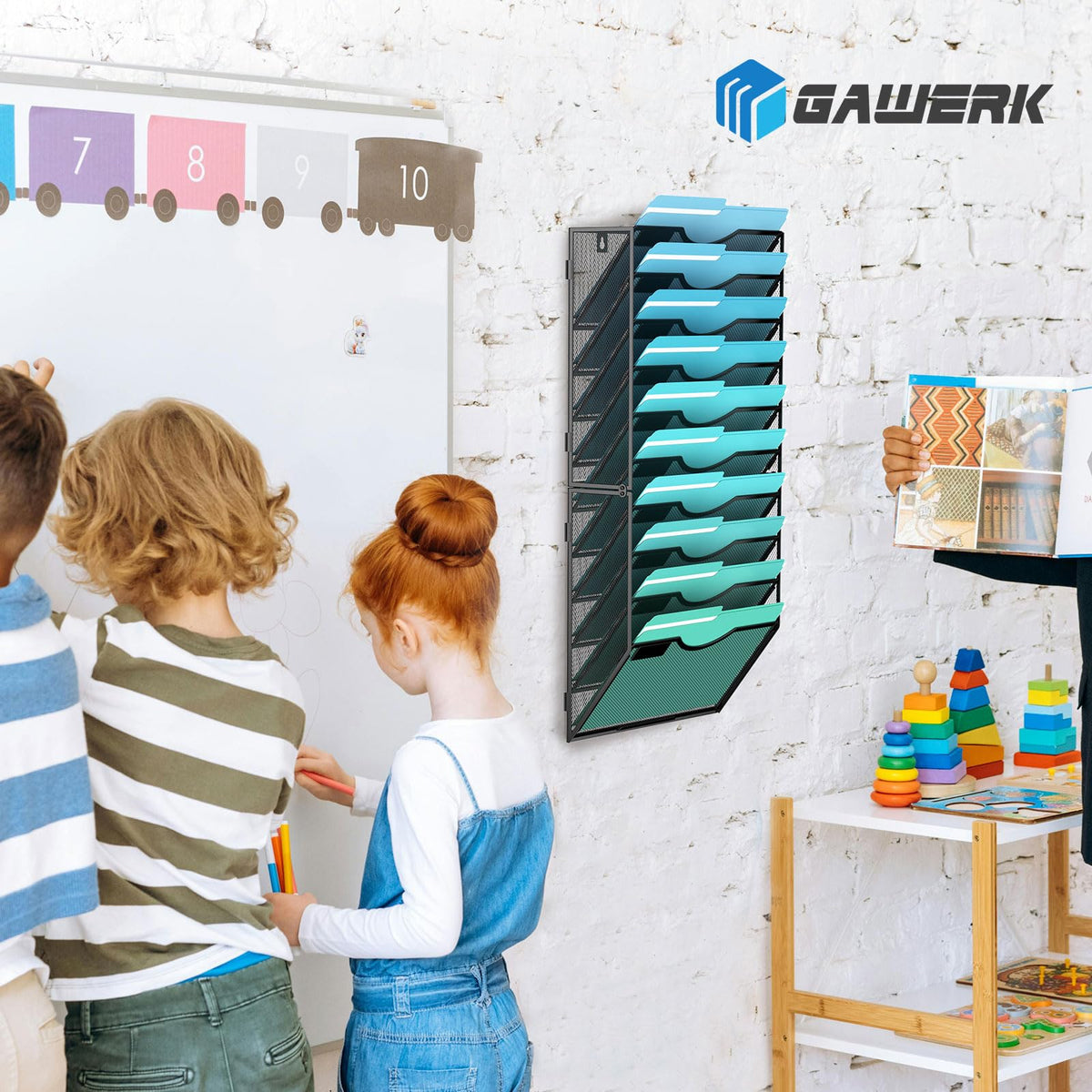 Gawerk 10-Tier Wall File Organizer Hanging Wall File Holder Wall Mount Paper Folder Organize, Mesh