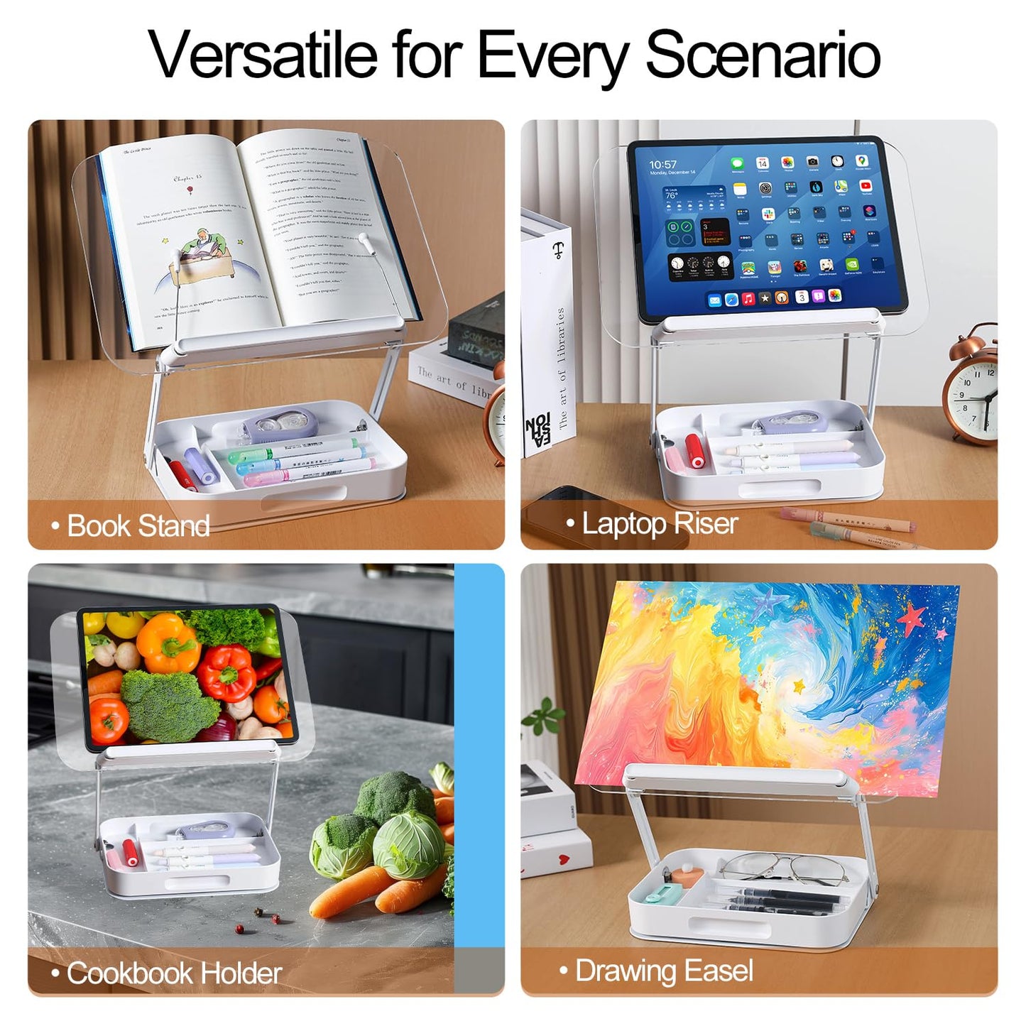 ZOEY Acrylic Book Stand for Reading Adjustable Book Holder with 360 Rotating Base and Storage