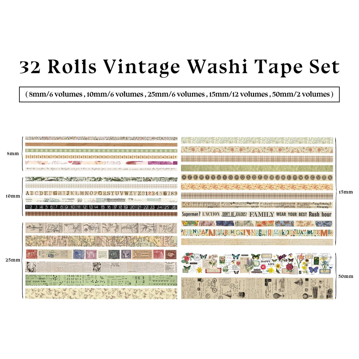 32 Rolls Vintage Rainbow Washi Tape Set Aesthetic Decorative scrapbook Tape