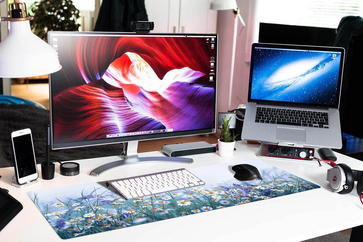 Extended Large Gaming Mouse Pad Wildflowers Chamomile and Butterflies XXL Size Keyboard Mouse Mat