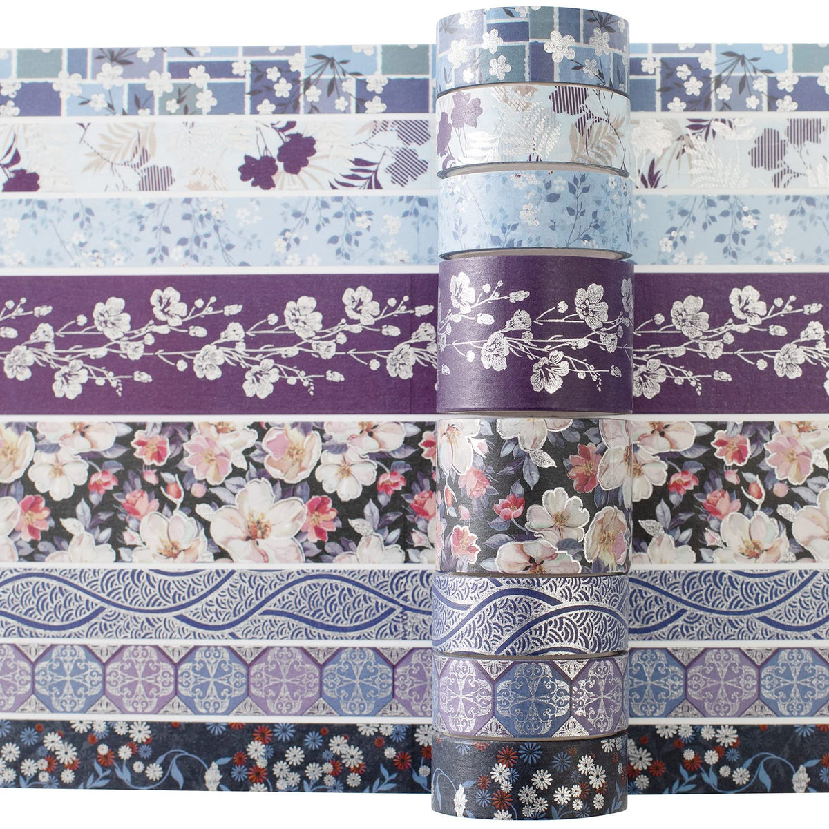 YUBX Elegance Blue Washi Tape Set 8 Rolls Wide Silver Embellishment Decorative Masking Tapes for