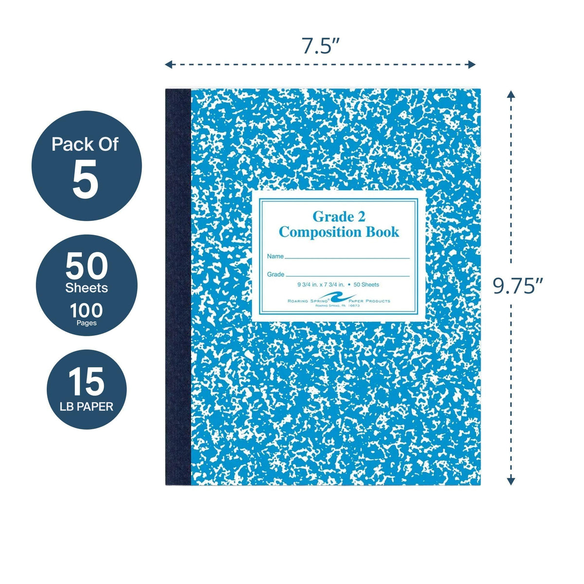 Roaring Spring Composition Notebooks, 5-Pack, Grade 2 Ruled, 50 Sheets 15# White Paper