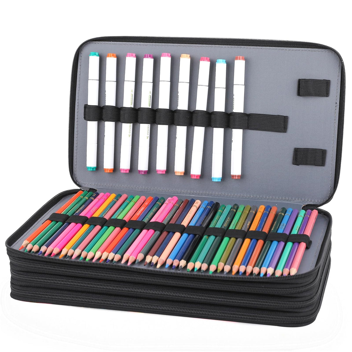 Vomgomfom 300 Slots Marker Case 4-Layer PU Leather, Handle, Black Flower