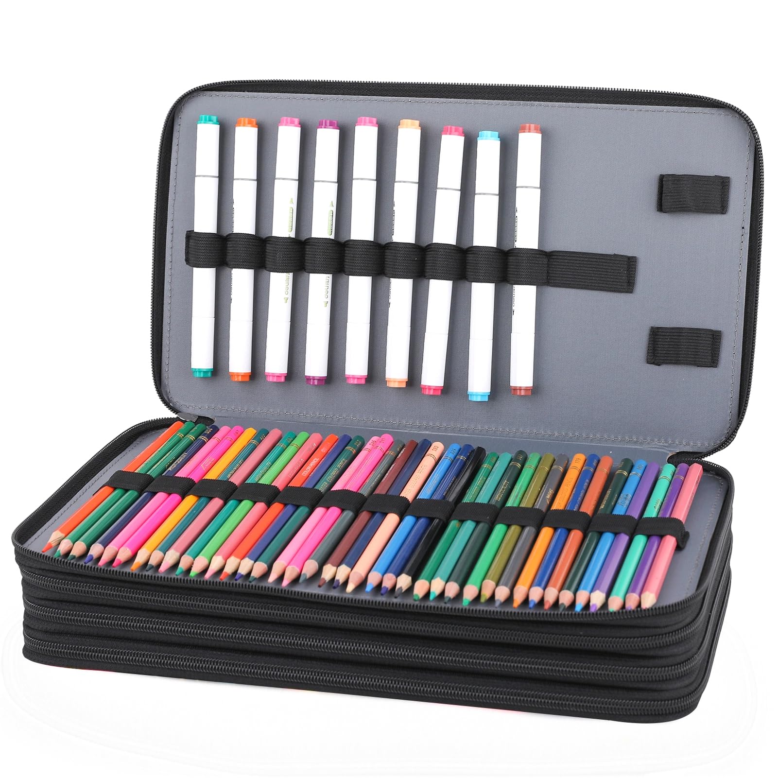 Vomgomfom 300 Slots Marker Case 4-Layer PU Leather, Handle, Black Flower